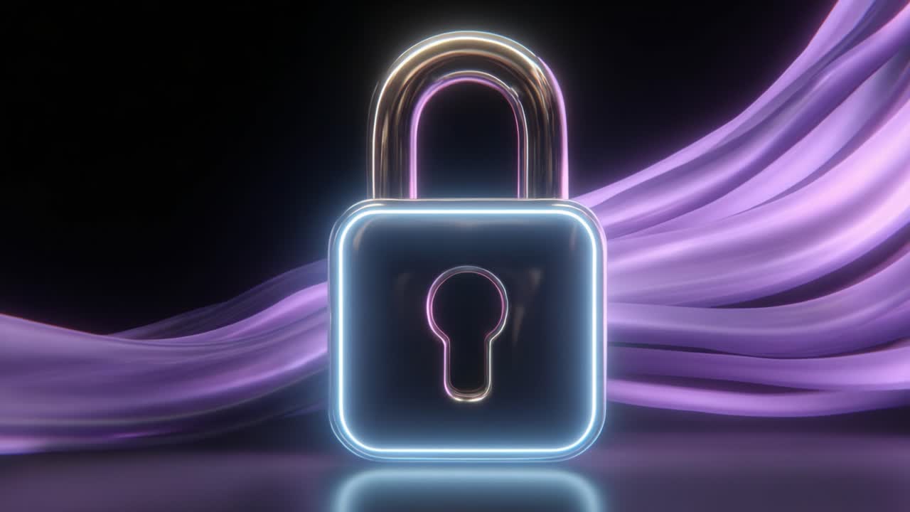 Illuminated Lock Against a Dark Background: A Stunning Visual Representation of Security and Protection with Glowing Neon Accents and Fluid Movements