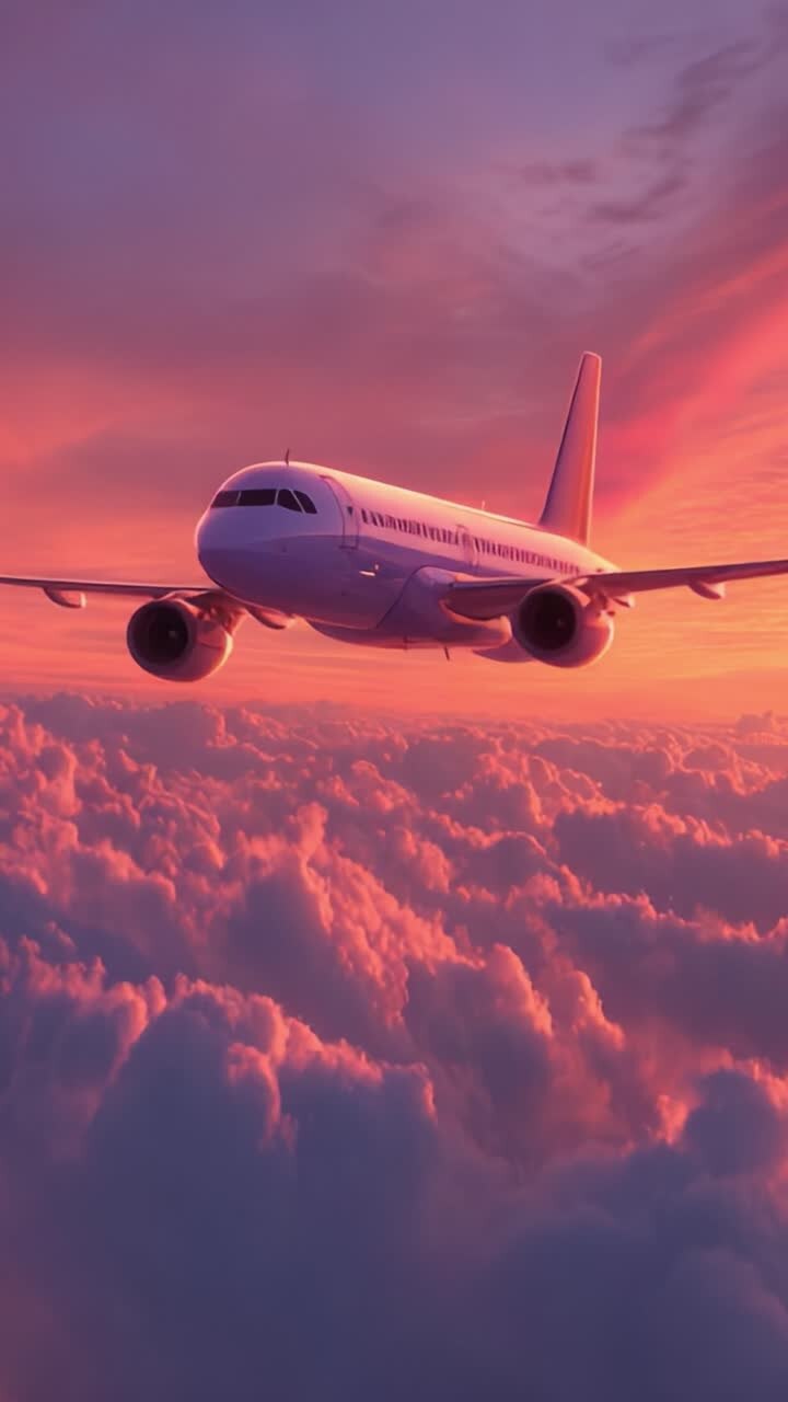 Un avion majestueux planant à travers de paisibles nuages roses et orange au coucher du soleil, capturant l’essence d’un voyage en soirée au-dessus du monde
