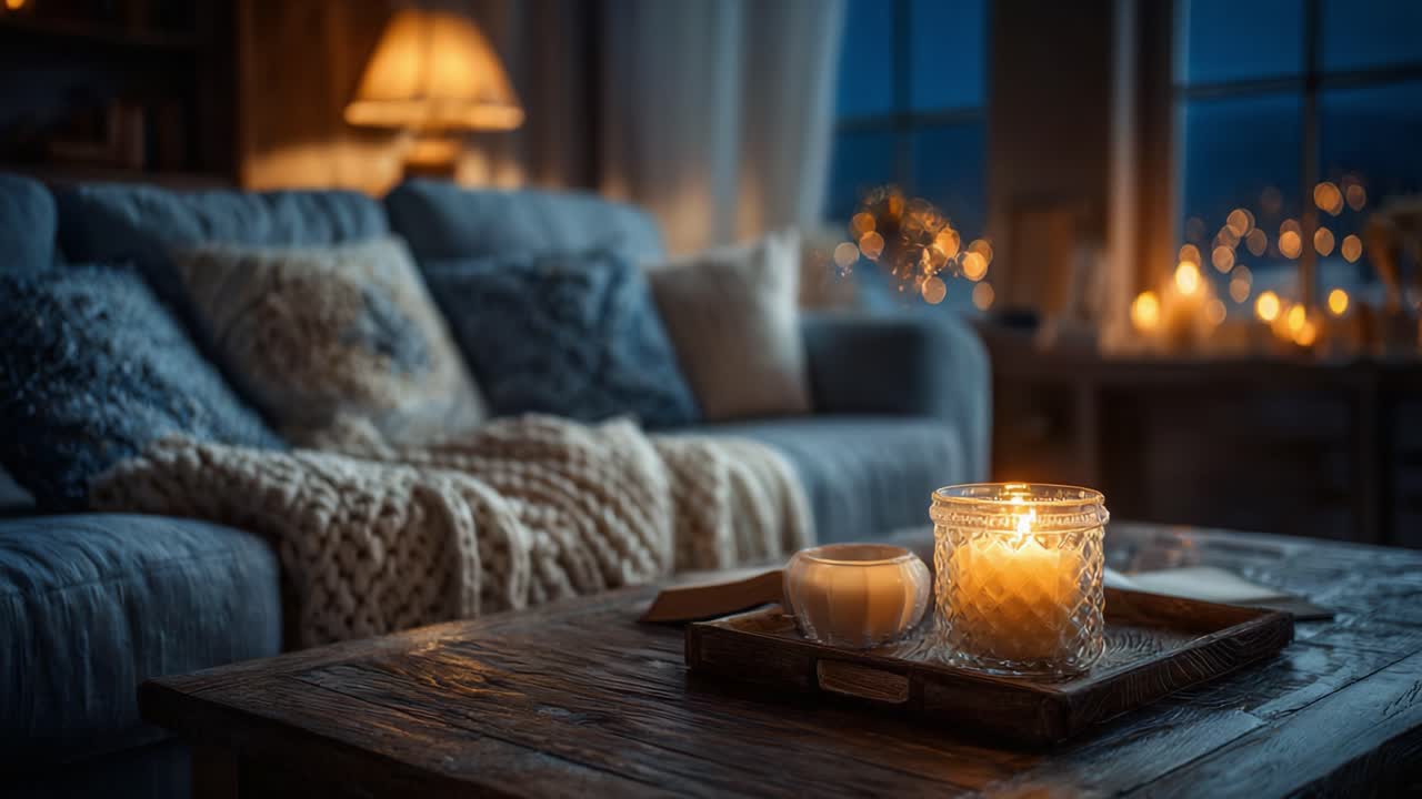 Una serata accogliente in un salotto ben arredato, con calde luci di candele e arredi confortevoli, che invita al relax e alla tranquillità nell'atmosfera notturna.