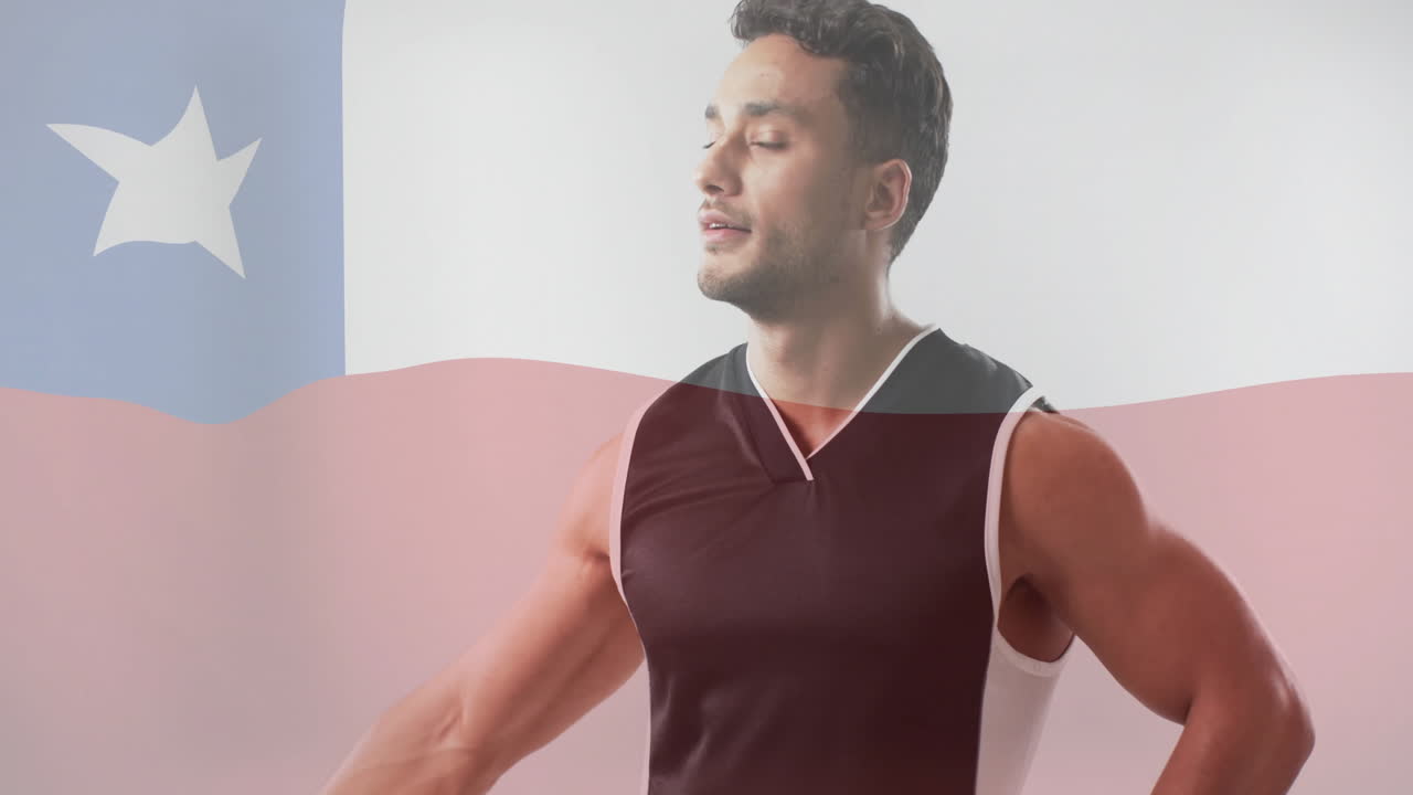 칠레의 발이 두 인종의 남자 배구 선수 위에 있는 애니메이션