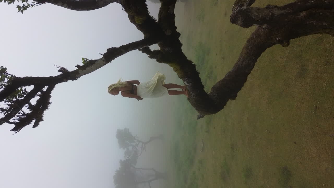 Drone view of a beautiful blonde girl standing on a branch of a tree in a mystical foggy forest, flying forward