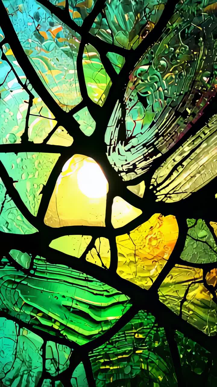 Vertical video: Sun appearing, camera panning showing leaded glass at window revealing textures