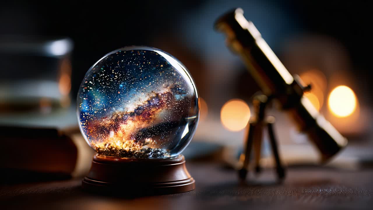 A Stunning Glass Globe Capturing the Cosmic Beauty of the Galaxy, Surrounded by a Telescope and Twinkling Lights, Perfectly Illustrating the Infinite Wonders of the Universe