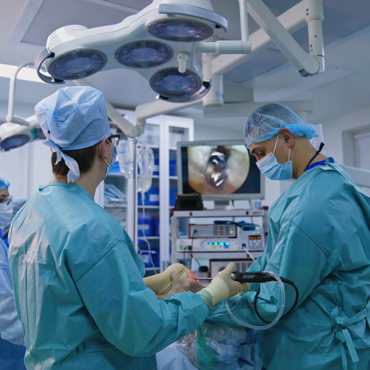 Surgeon slowly moves the device instrument in the patient's foot. Doctor looks at operated area on the screen