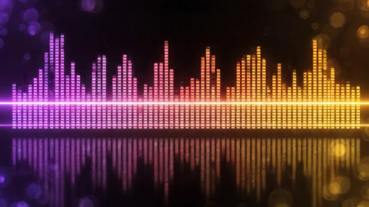 Visualizzazione dinamica dello spettro: una sequenza ipnotizzante di forme d'onda audio colorate che mostra la transizione dai blu tranquilli ai rossi vibranti in un'armonia ritmica di suoni.