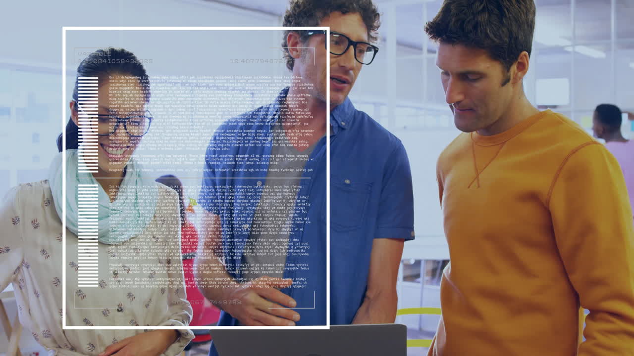 female developer and male colleagues collaborating on tech project in office, showing code HUD
