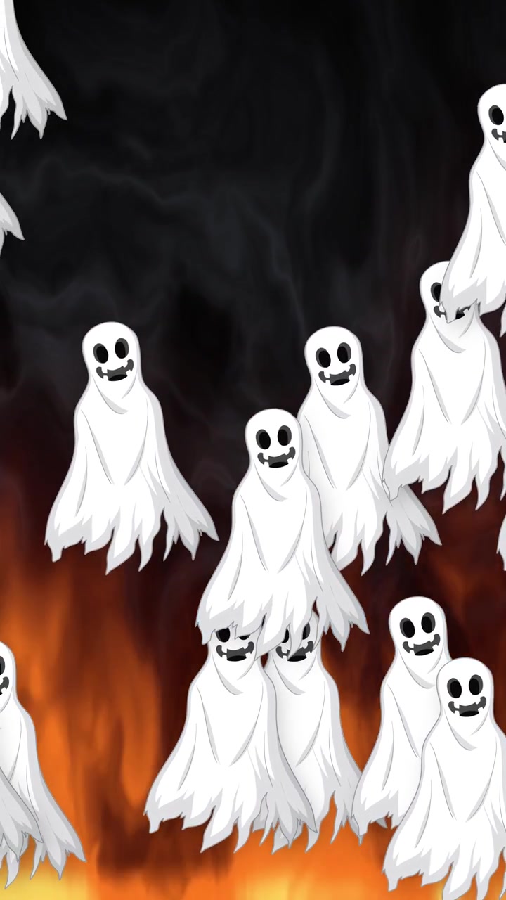 Animated white cartoon ghosts float vertically over orange flames and dark smoke against black.