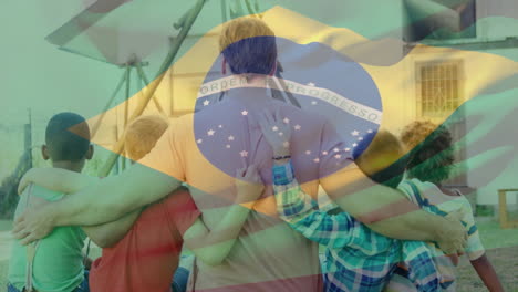 animación de la bandera de brasil sobre el hombre caucásico con niños diversos abrazando