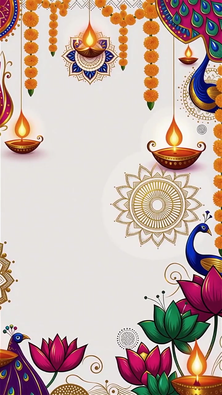 Sfondo Diwali con Diyas luminosi, Rangoli e fiori di loto