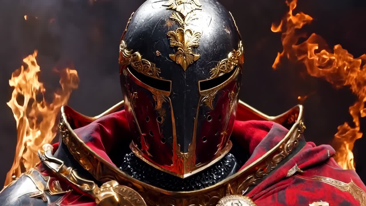 A close up of a knight wearing a helmet and armor