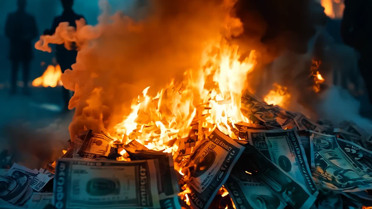 A pile of money on fire with people in the background