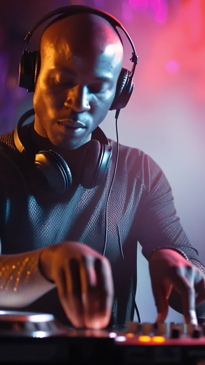 DJ immerso nel mixaggio musicale. Le mani si muovono con precisione sui controlli. Le cuffie incorniciano una concentrazione focalizzata. Le luci del palco pulsano con tonalità vibranti. Ideale per vita notturna, eventi musicali o immagini tecnologiche.