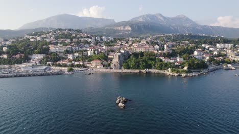 aerial view of herceg novi, montenegro with coastal town and mountains