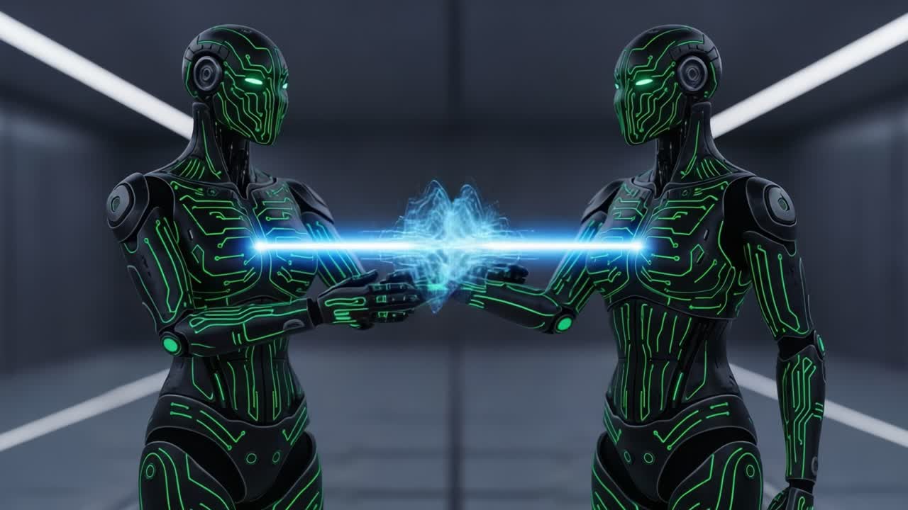 A Pair of Futuristic Androids Establishing Connection through Light Energy in a High-Tech Environment, Symbolizing Unity and Technological Advancement