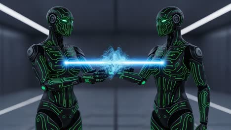 a pair of futuristic androids establishing connection through light energy in a high-tech environment, symbolizing unity and technological advancement