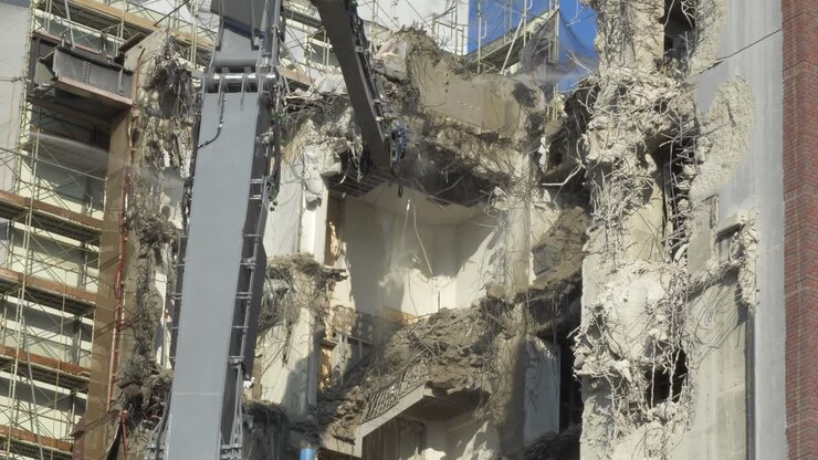 Excavator Machine Demolishing Old Building With Workers Spraying Water
