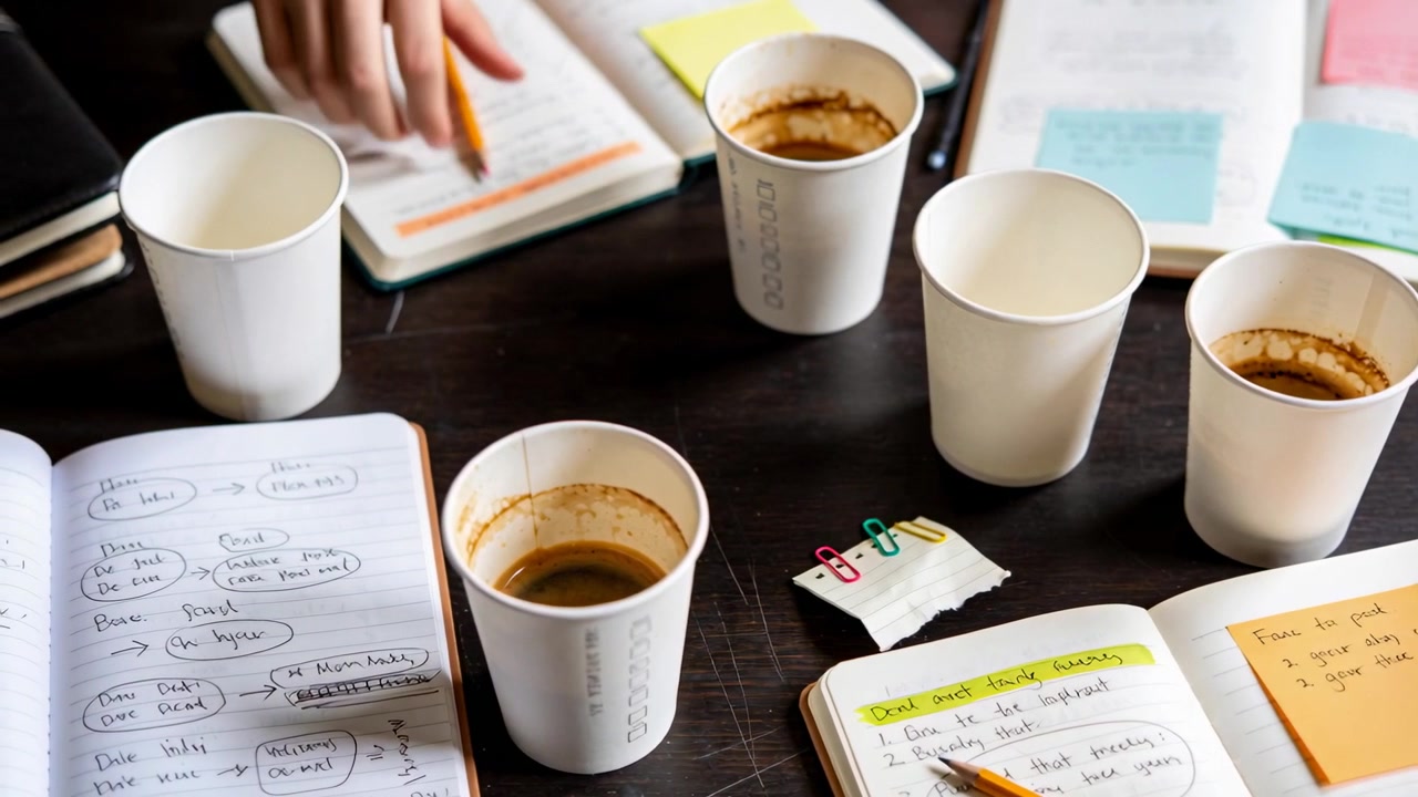Appearing right hand writing in notebook at study table for work with coffee cups and pencil