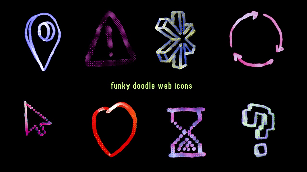 Animated Funky Doodle Web Icons on Black Background