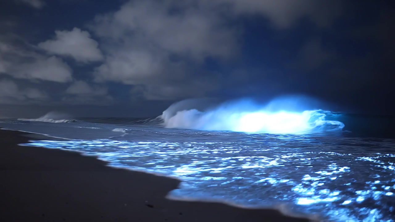 Bioluminescenza blu magica nelle onde dell'oceano su una costa sabbiosa notturna