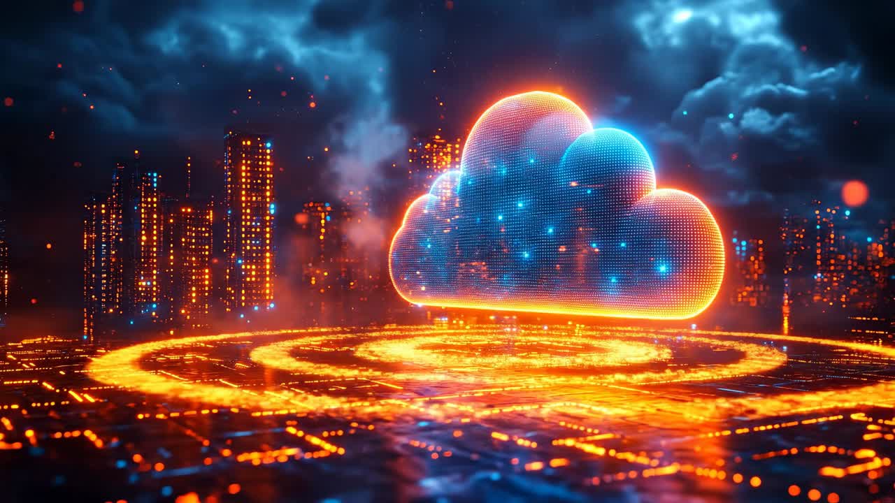 Night cityscape with cloud. A bright cloud appears above a city filled with tall buildings at night
