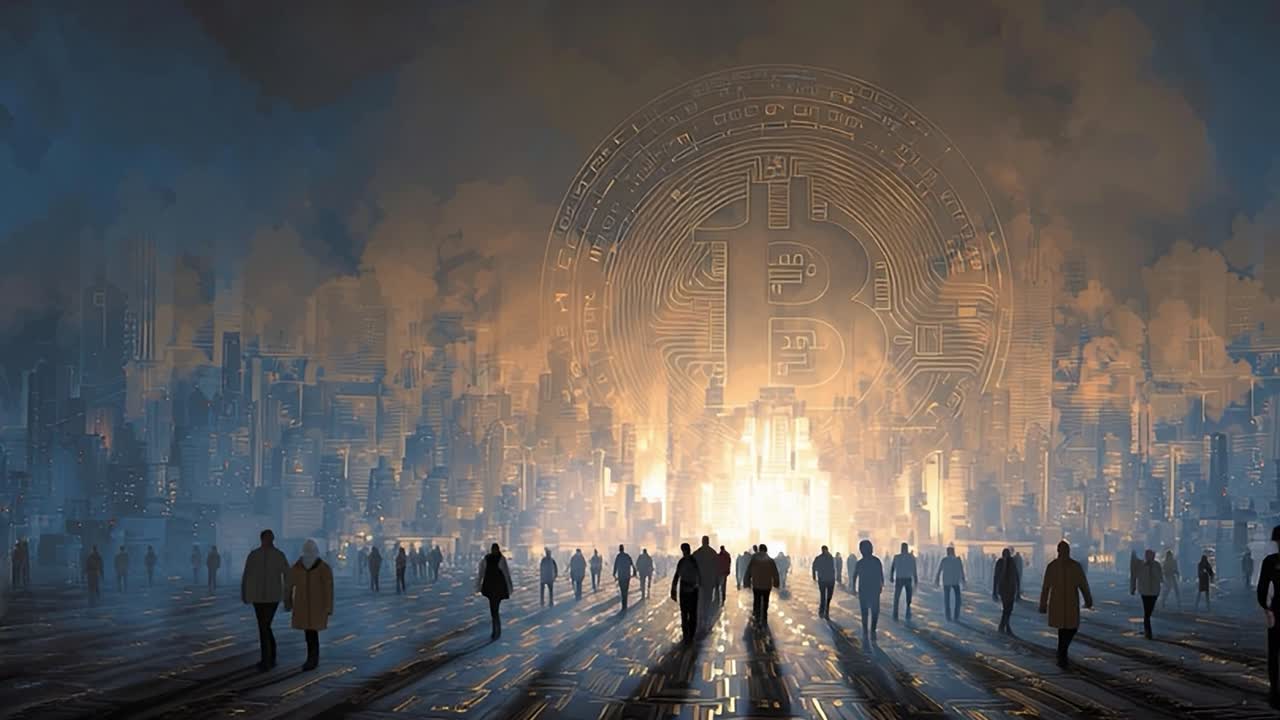 Persone si radunano in una città futuristica con un grande simbolo di Bitcoin.