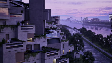edificio de arquitectura brutal moderna al anochecer