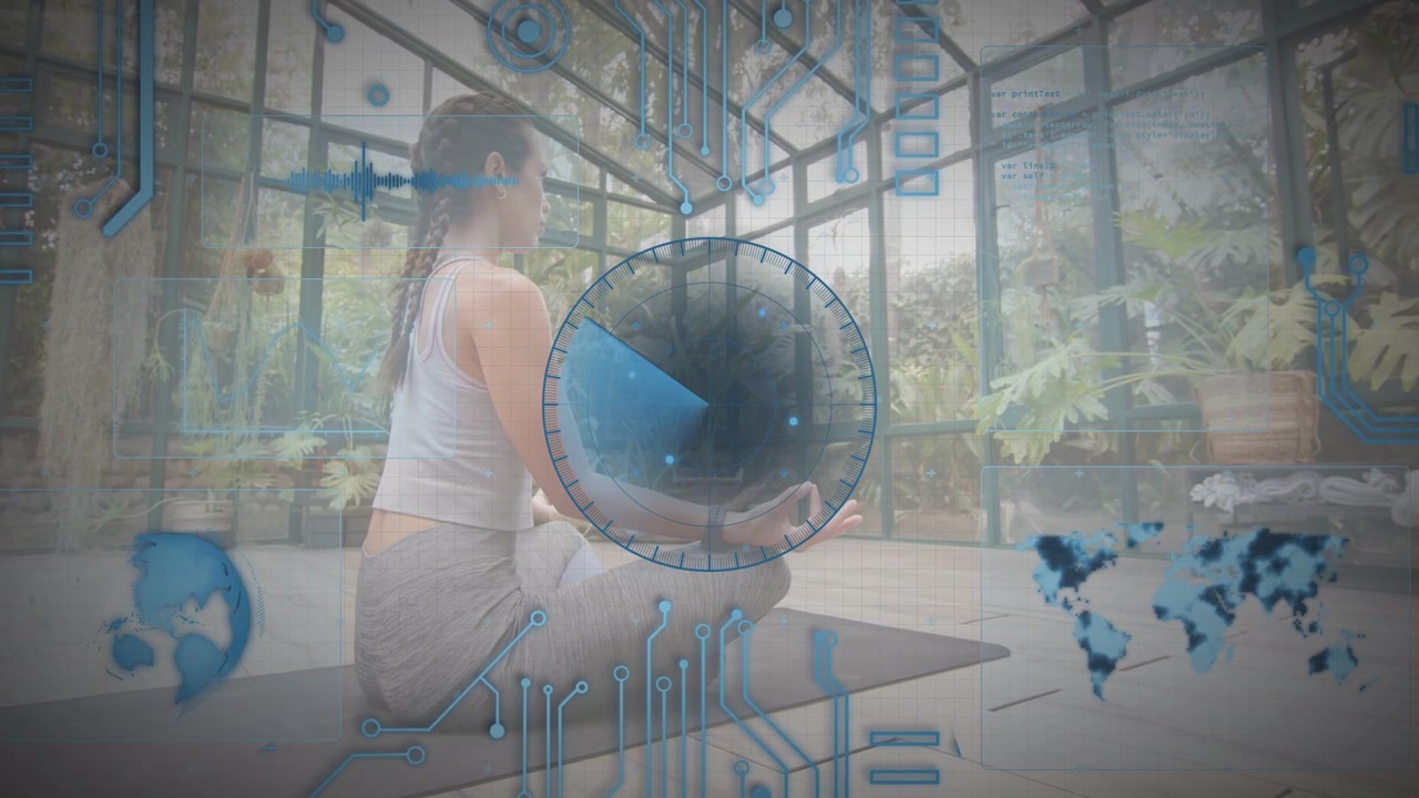 Woman meditating in sunroom, holding mudra and activating HUD dial with waveforms tracking wellness