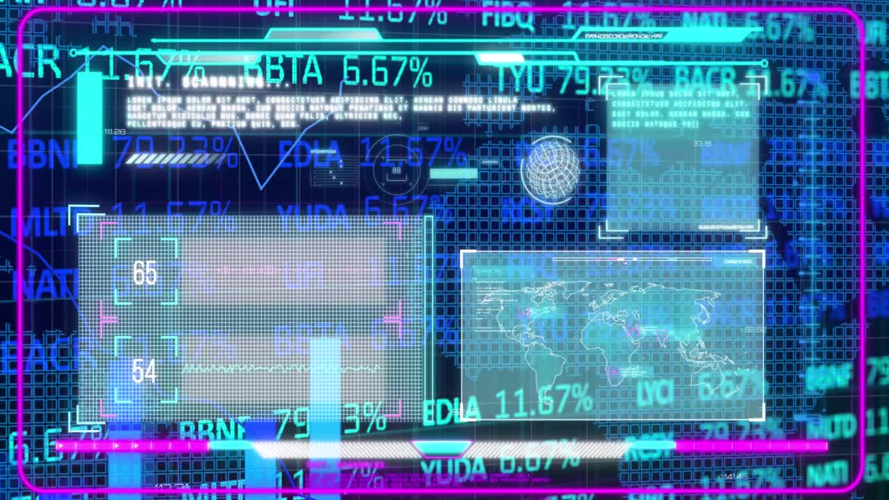 뷰파인더, 음파, 데이터베이스, 바 그래프, 거래 보드 위의 글로브의 카운트다운 애니메이션