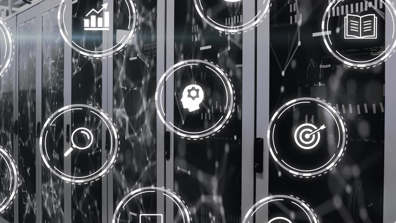 Animation of connections with icons over computer servers