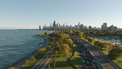 chicago skyline with fall foliage aerial view