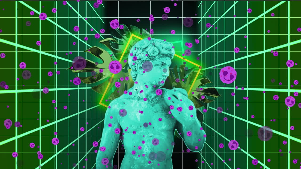 animación de iconos de redes sociales sobre escultura rosada y cuadrícula rosada