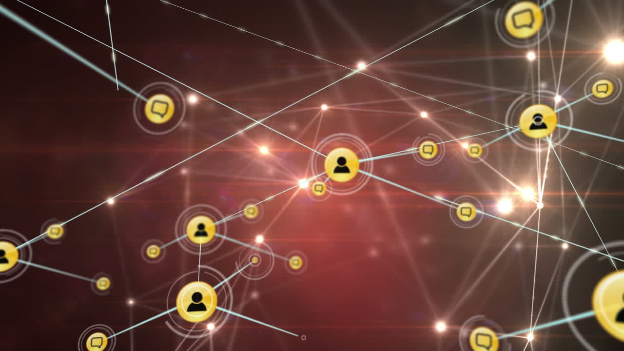 animação de rede brilhante de conexões e ícones digitais contra fundo vermelho