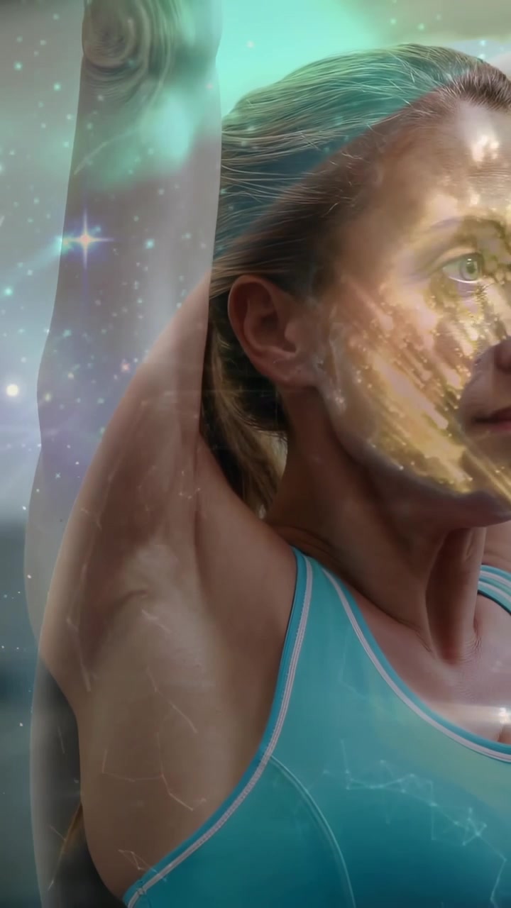 Mujer comenzando una repetición de ejercicio levantando el brazo derecho, con una superposición de aurora cósmica que se desplaza por su rostro.