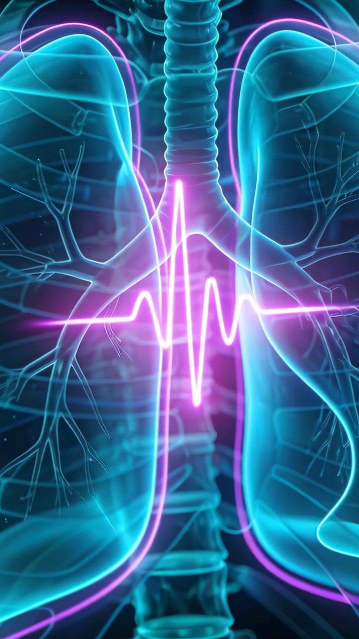 Video verticale: Partendo dal polmone destro, ECG rosa che scorre sul torace per la scansione, illuminando di ciano trachea e polmoni