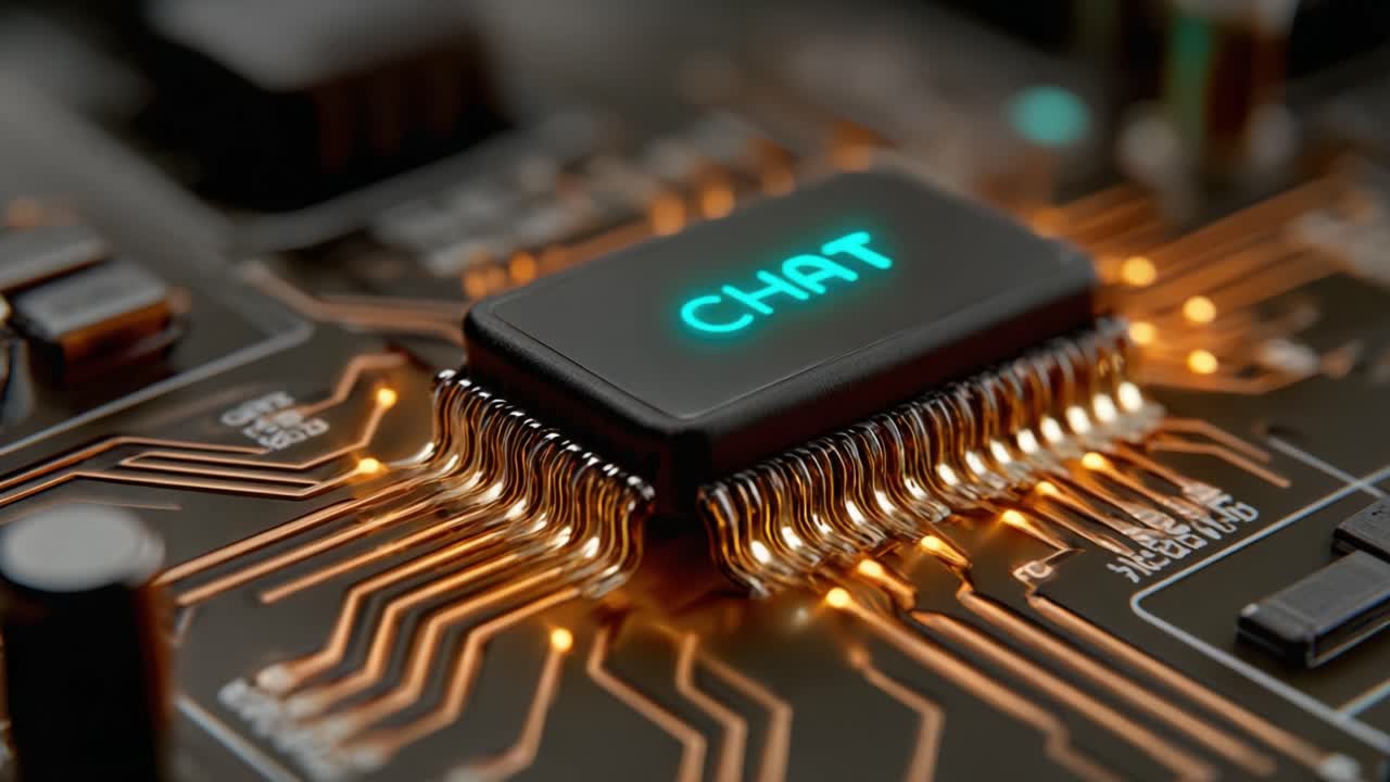 A Close-Up View of a Modern Microchip Displaying the Word 'CHAT', Surrounded by Intricate Circuitry and Glowing Connections, Highlighting the Intersection of Technology and Communication