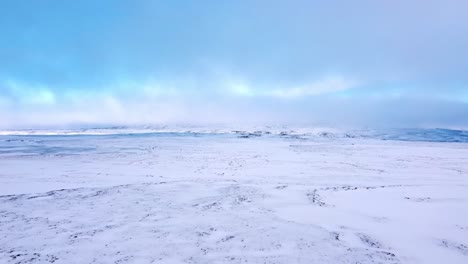 an expansive aerial shot reveals an endless, pristine snow-covered plain stretching to the horizon under a muted, overcast sky