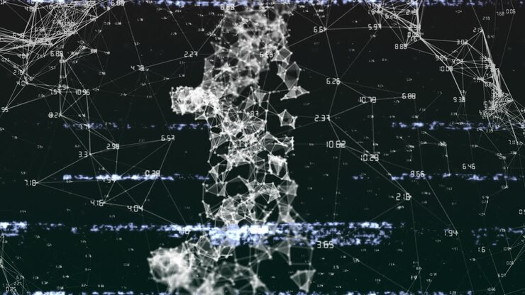 Animation of data processing and dna strand on black background