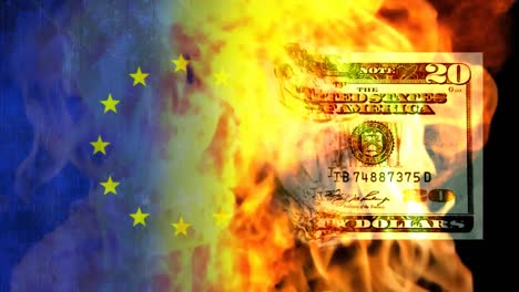 animación de un billete de dólar estadounidense en llamas sobre la bandera de la unión europea