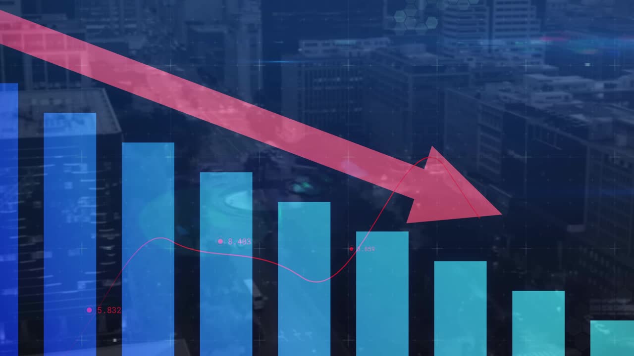 赤い矢印のアニメーションと都市風景上の統計処理