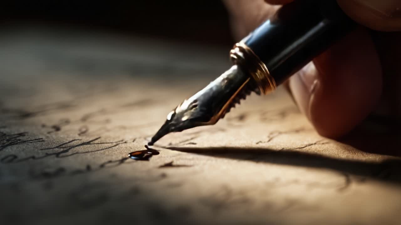 An Elegant Close-Up of a Fountain Pen with Ink Dripping onto Paper, Capturing the Artistry of Calligraphy and Writing Techniques in a Warm, Atmospheric Environment