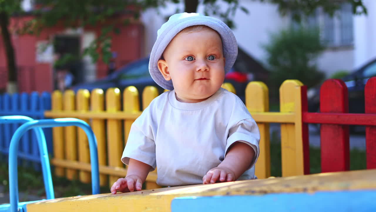 Ein kleiner Junge mit einem Leinen-Panamahut spielt auf der Straße. Stilvoller Babyjunge in Sommerkleidung