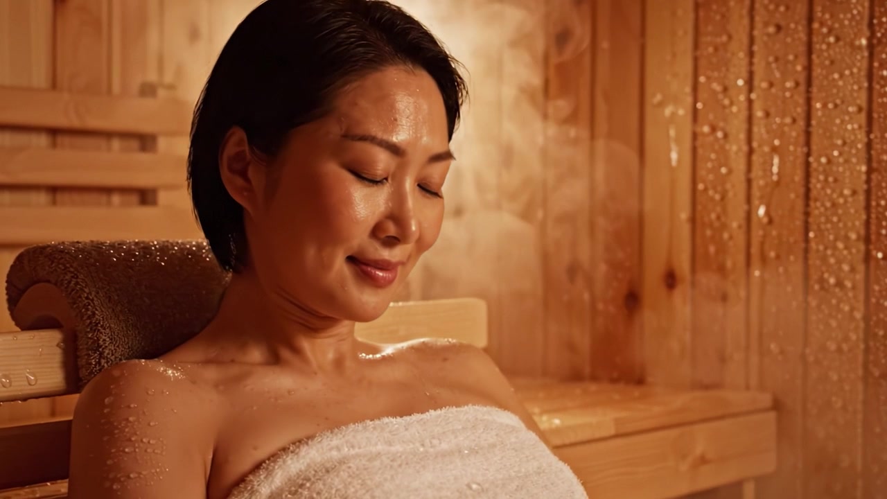 Rilassarsi in una sauna a vapore: Un momento di pace, tranquillità e benessere in un ambiente sereno con luce soffusa e nebbia delicata che avvolgono l'individuo.