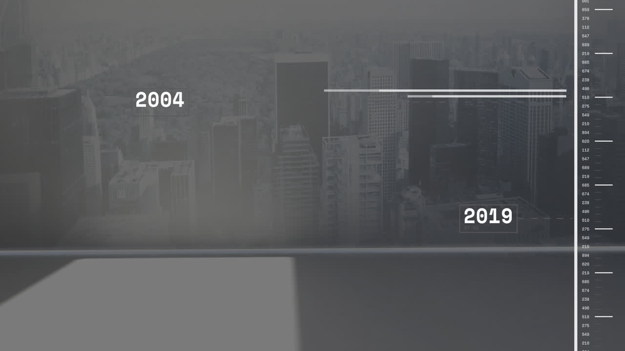 Animation of city skyline with timeline showing years 2004 to 2019