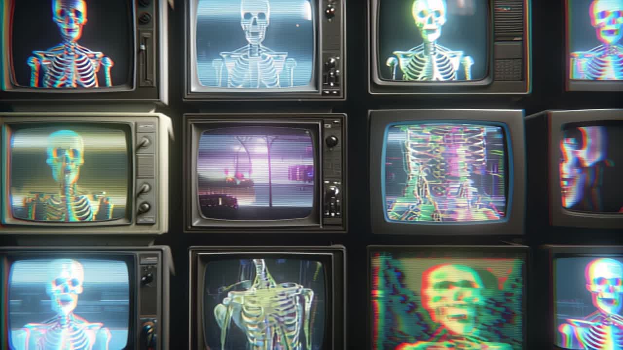 Footage of a wall of vintage CRT televisions displaying skeleton x-ray imagery and glitch effects with scanlines, creating a retro sci-fi technology and media concept background