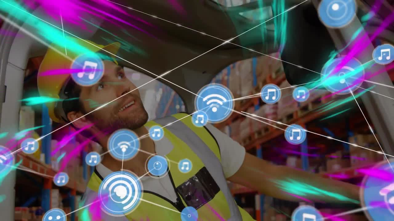 창고에서 일하는 사람 위의 아이콘과 연결 네트워크의 애니메이션