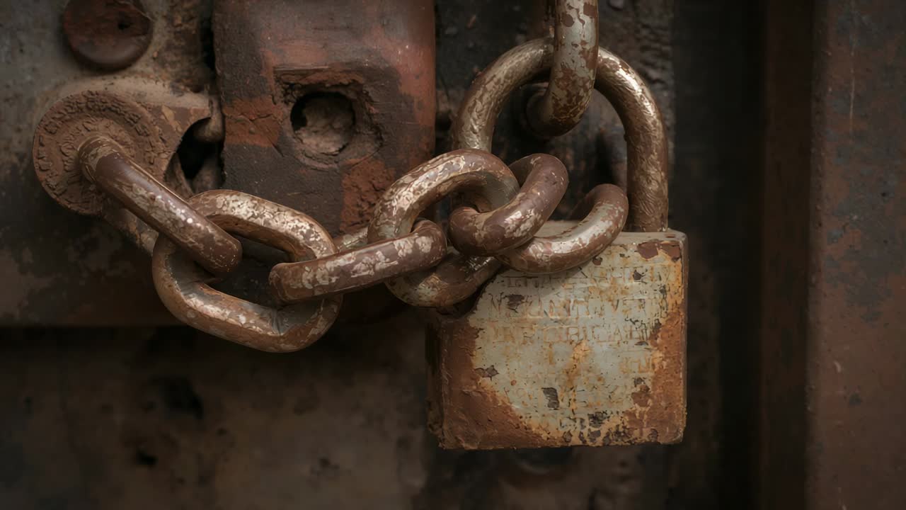 Camera holding close-up rusted square padlock and chain on weathered metal door, documenting decay