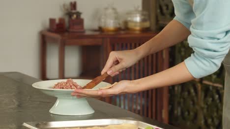 housewife in apron making dumplings, filling dough with minced pork