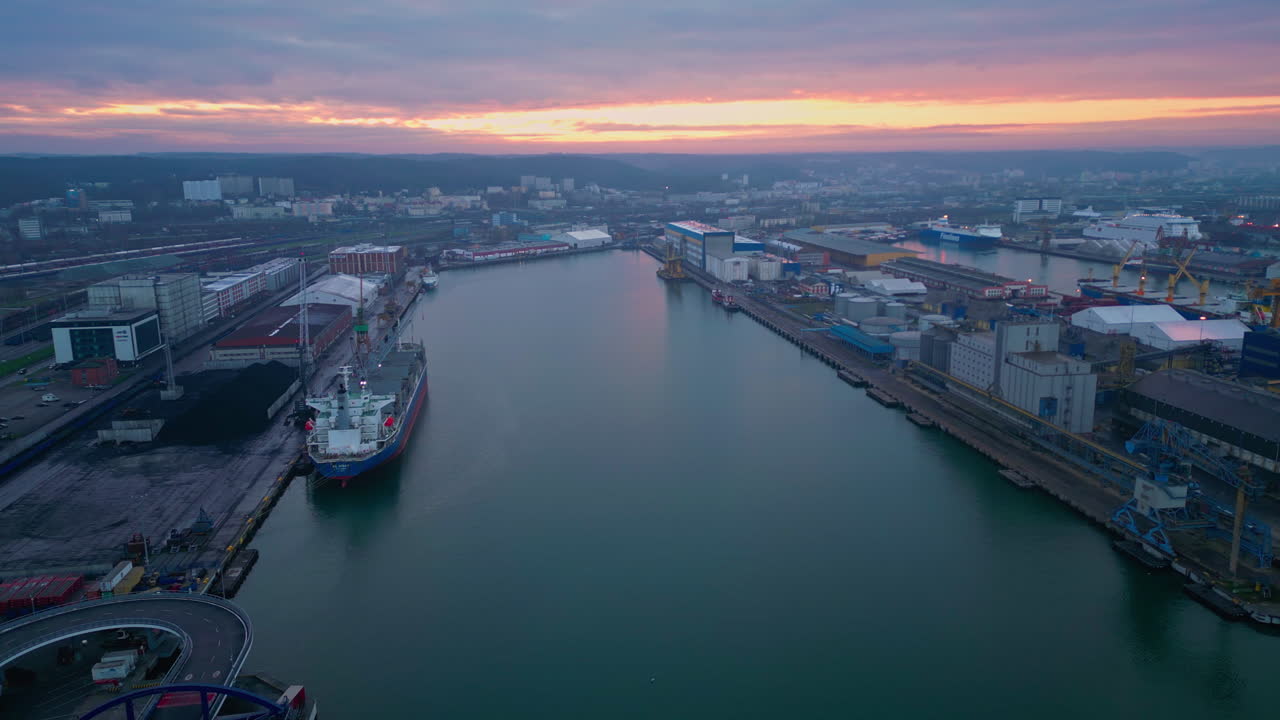 Aerial View of Port City at Sunrise