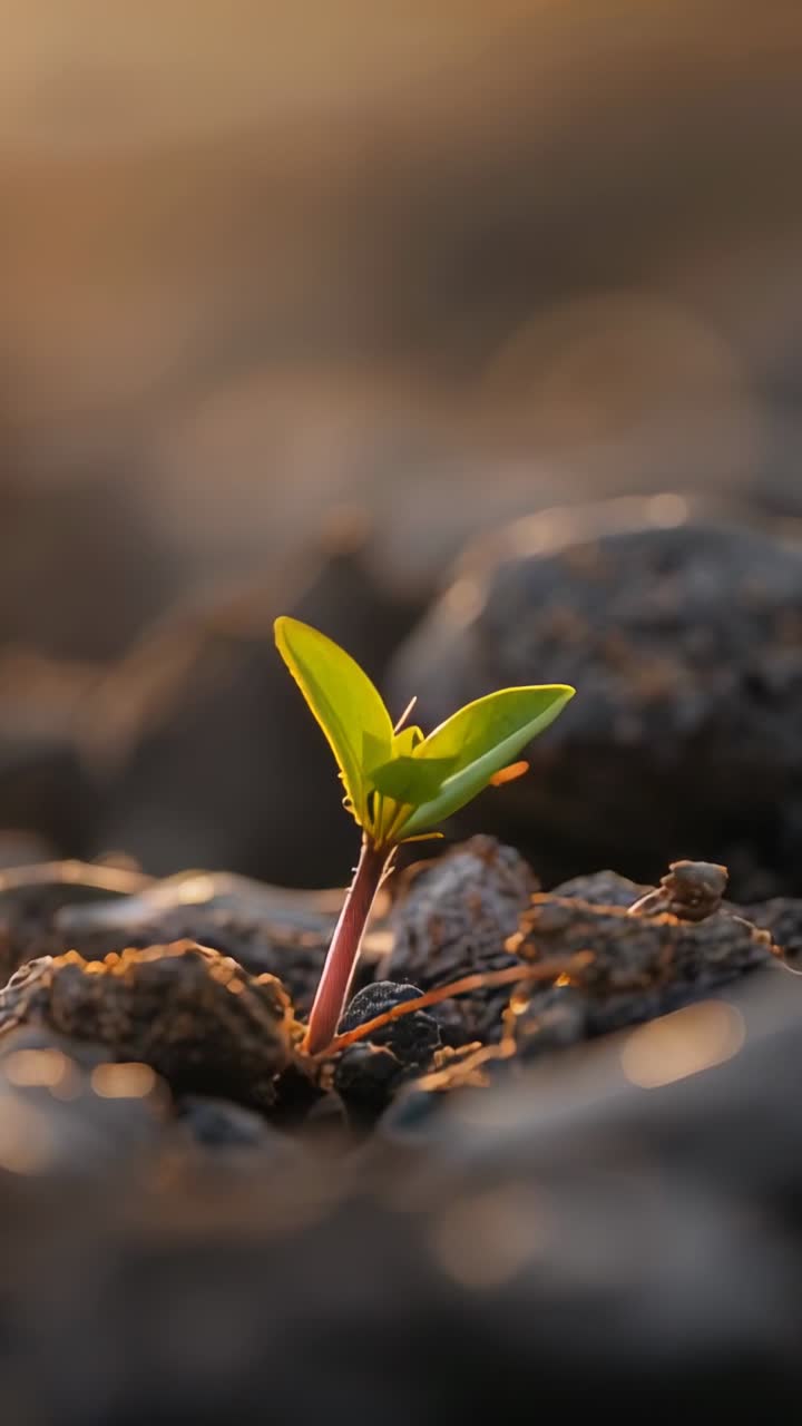 Video verticale: reazione alla luce solare, singola plantula che apre i cotiledoni in un terreno roccioso, bokeh