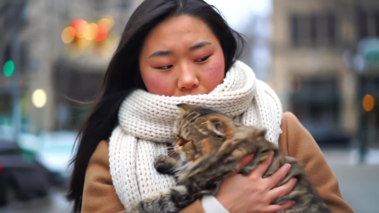 A Cozy Winter Scene of a Young Woman Embracing Her Adorable Feline Companion While Wrapped in a Warm Scarf Against a Charming City Backdrop